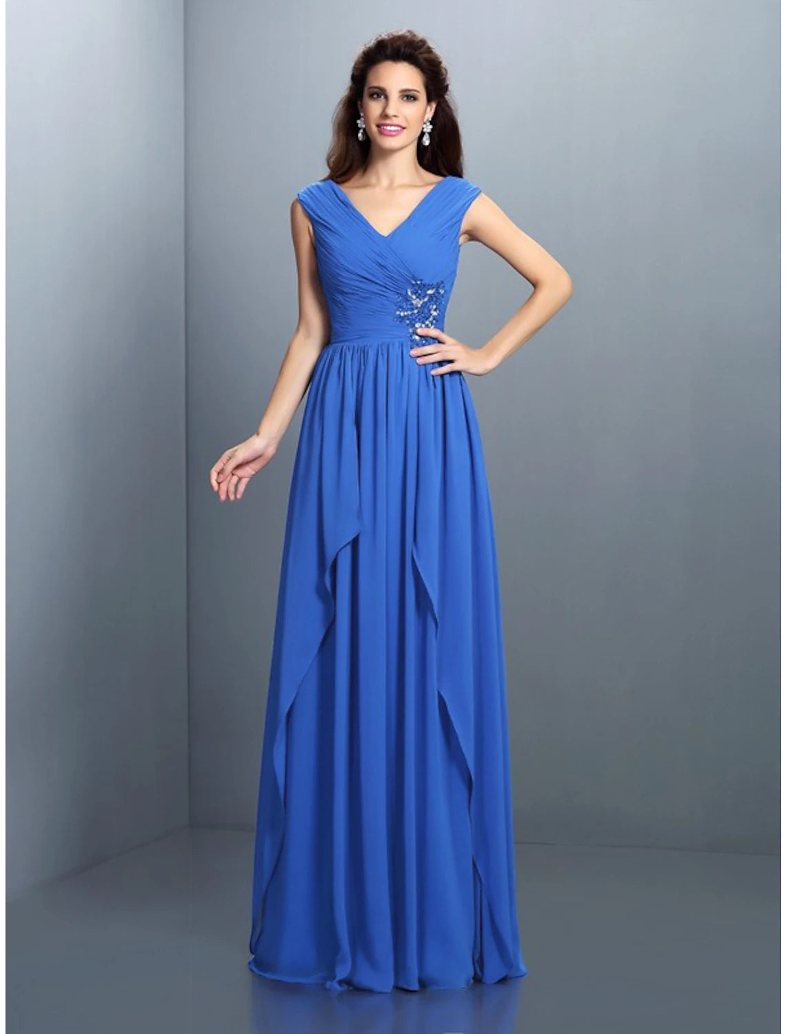 A-Line Evening Gown Sparkle & Shine Dress Wedding Guest Wedding Party Floor Length Sleeveless V Neck Bridesmaid Dress Chiffon with Rhinestone Ruched Sequin 2025